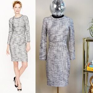 J Crew Tweed Sheath Dress, Size 0, Black, White, Long Sleeve